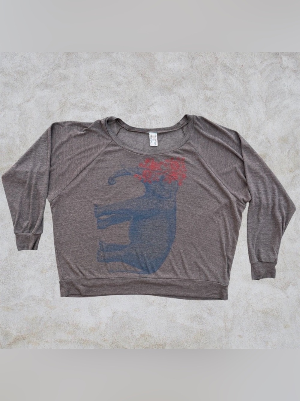 Supermaggie Elephant & Floral Heather Taupe Batwing Sleeve Graphic Knit Top, L - Picture 5 of 10